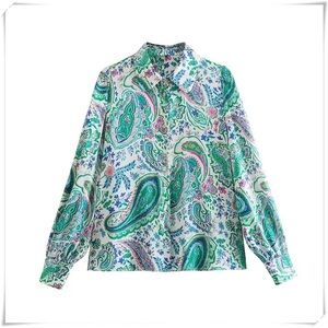 Zara Summer Print Button Silk Blouse XS